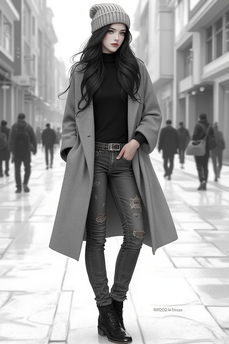 (Masterpiece, high quality, 8K, high resolution), ((ink pencil drawing style)), stunning hand-drawn illustration, beautiful woman, long black hair, green eyes, knit cap, gray cashmere coat, black high-neck turtleneck sweater, fashionable skinny jeans, faded, high-heeled boots, standing at the entrance of a shopping mall waiting for something or someone, everyday life style, contemporary creation, elegance, innocence, natural composition, Leonardo style.