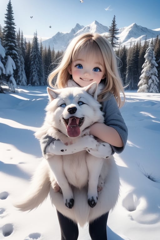 A little girl with blond hair and very fair skin. She is only 4 years old, but she grew up with a snow wolf with white fur and blue eyes. The snow wolf loves the little girl very much. He can put her to sleep and carry her on the grassland. The little girl always smiles happily. The little girl is extremely beautiful, with blue eyes, very lively, and long and thick eyelashes. To make her even more beautiful, she would often roll around on the grass with the snow wolf. The little girl wears all kinds of cute clothes. Outdoors, sunshine, mountains, trees, flowers, birds, butterflies. light and shadow. 