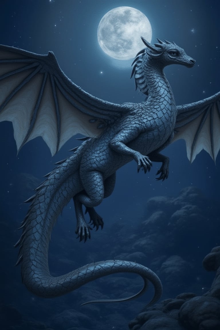 A silver-scaled dragon soars in the moonlight, its long and sinuous body and outstretched wings flying through the midnight stars. Moonlight highlights the intricate patterns on its scales, hinting at its ancient and dangerous nature. AMD Art. masterpiece.