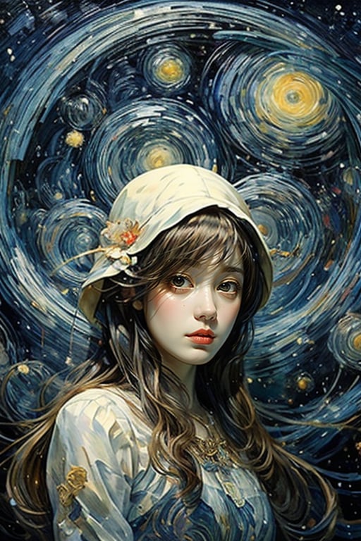 The portrait of a beautiful girl with golden silky long hair and dreamy contact lenses is centered and the composition is in perfect proportions. It combines Van Gogh's blue "Starry Night" color, Dali's Surrealism, and Mucha's Art Nouveau style to present A harmonious dream where reality and fantasy are blurred. The wedding is full of fantasy flowers, complexity and mystery. light and shadow.
