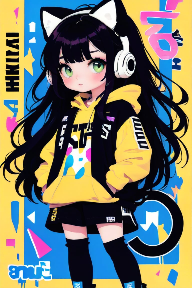 Taiwanese vtuber, 1girl, beautiful anime character, beautiful green eyes, air bangs, lollipop punk fashion, cute cartoon ello kitty shaped hoodie, cat earmuffs, pastel color clothes based on yellow and black , soft mood fashion, anime print shirt, gothic style tights, long combat boots, score_8, score_7_up, dal-7 style, blue mood, mood, modern art style, vspop, 2.5D three-dimensional style, illustration, ek_an1_b00ster