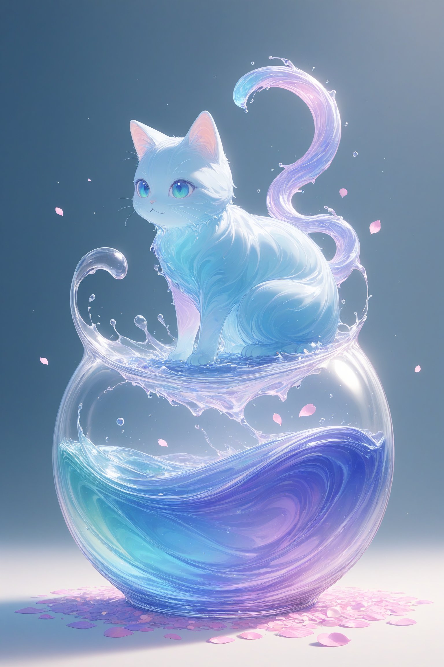 {Elegant crystal glass locomotive with beautiful curves filled with marbled iridescent liquid forming the shape of a cat. Cats have hair and texture. Smooth animal silhouettes with wave-like dynamic movement. Pastel petals float around the vase. }