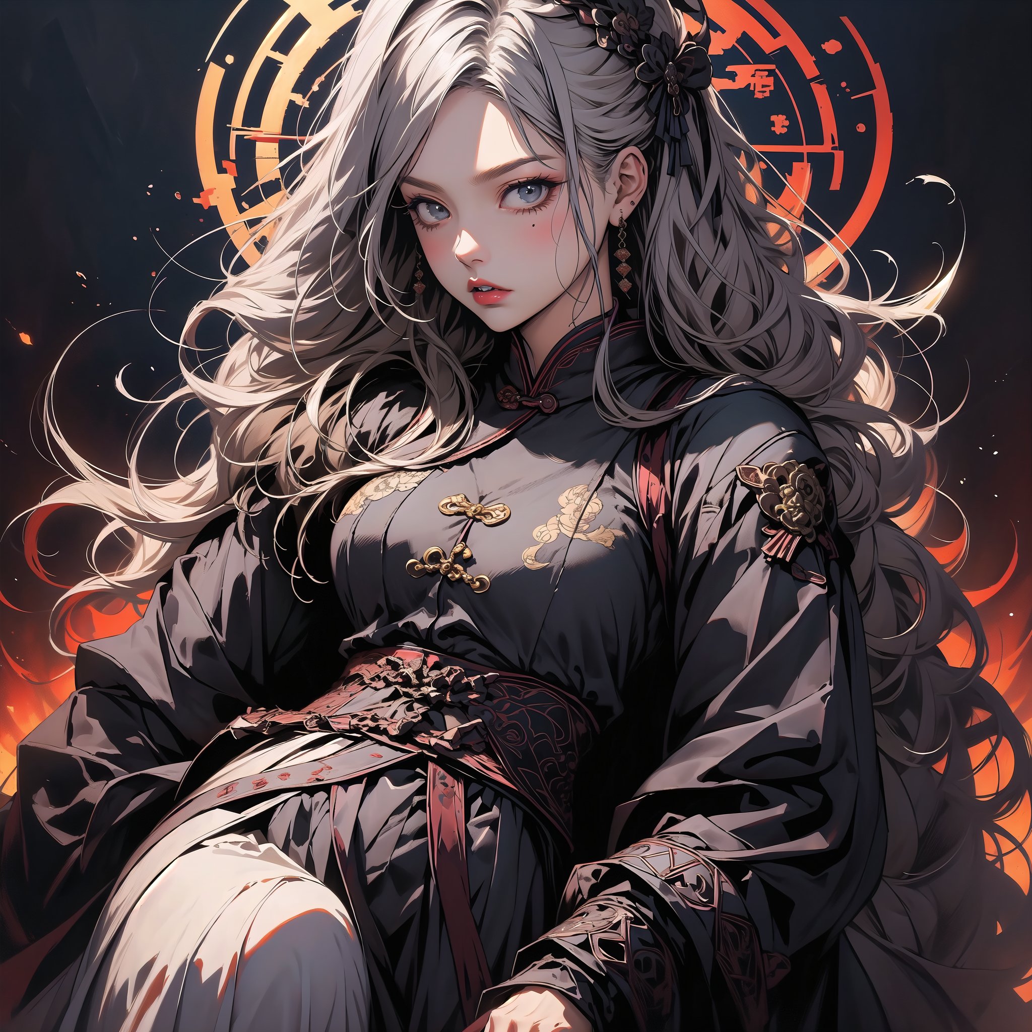 (super perfect quality masterpiece and detailed details), beautiful black plot, complex, extremely high clear resolution, complex lines, (exquisite drawing), 1girl photo of beautiful ancient Chinese girl wearing black clothes holding a sword Long wavy silver hair, hair shining in the moonlight, long sword, weapon, black mask, duet, underwear, big blue eyes, long and thick eyelashes, Han Dynasty general style clothing, print, medium breasts, looking straight The audience's eyes showed a fierce and intense emotion. The audience felt the atmosphere strongly. Ponytails, hair accessories, flowers, and blood splashed into several fox lines, perfect killing skills, the enemy fell, and the throat was sealed with a knife, super delicate and clear, perfect illustration,
BREAK Beautiful lighting, beautiful glow, Vadim Kass’ artistic style plus Jae Hyun Art. light and shadow.whole body.