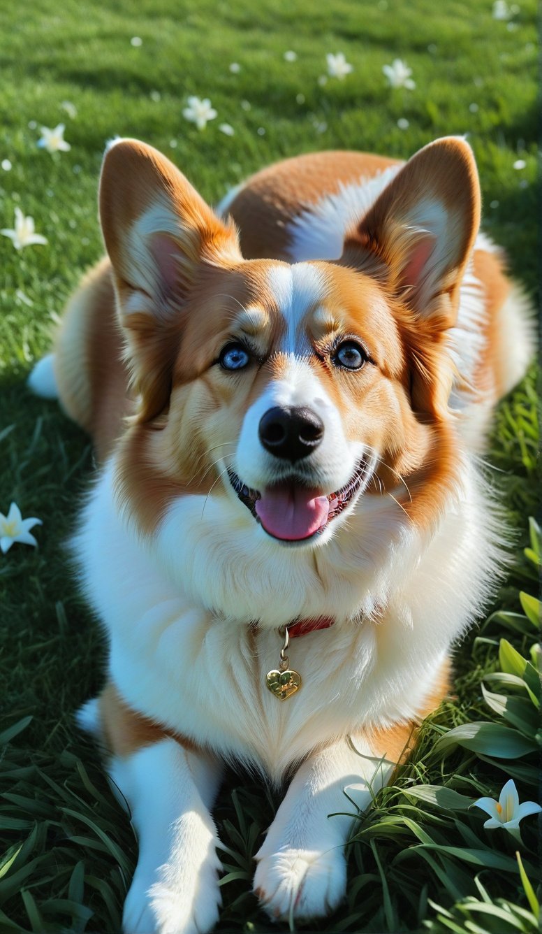 Close-up, a cute dog with light blue eyes and long thick eyelashes. She is a 2-year-old Corgi with messy hair. Full body shot. She is lying on the grass with her belly facing the sky and her smart eyes. Looking at the audience, looking happy. There are also braids of lilies all over the sky, which are extremely beautiful. High quality. Modifiers: Alphonse Mucha, boris valejo dedecent illustration, Anne Boonchuy, art_booster, BlackworkStyleManityro, WOWAI, Expressiveh, Apoloniasxmasbox