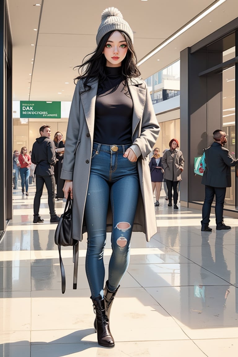 Masterpiece, high quality, 8K, high resolution, watercolor pencil style, beautiful hand-drawn illustration, beautiful woman, black long hair, green eyes, knit cap, grey cashmere coat, black turtleneck sweater, fashionable skinny jeans, faded, high-heeled boots, standing at the entrance of a shopping mall waiting for something or someone, everyday life style, contemporary, elegant, innocent, natural composition, Leonardo style.