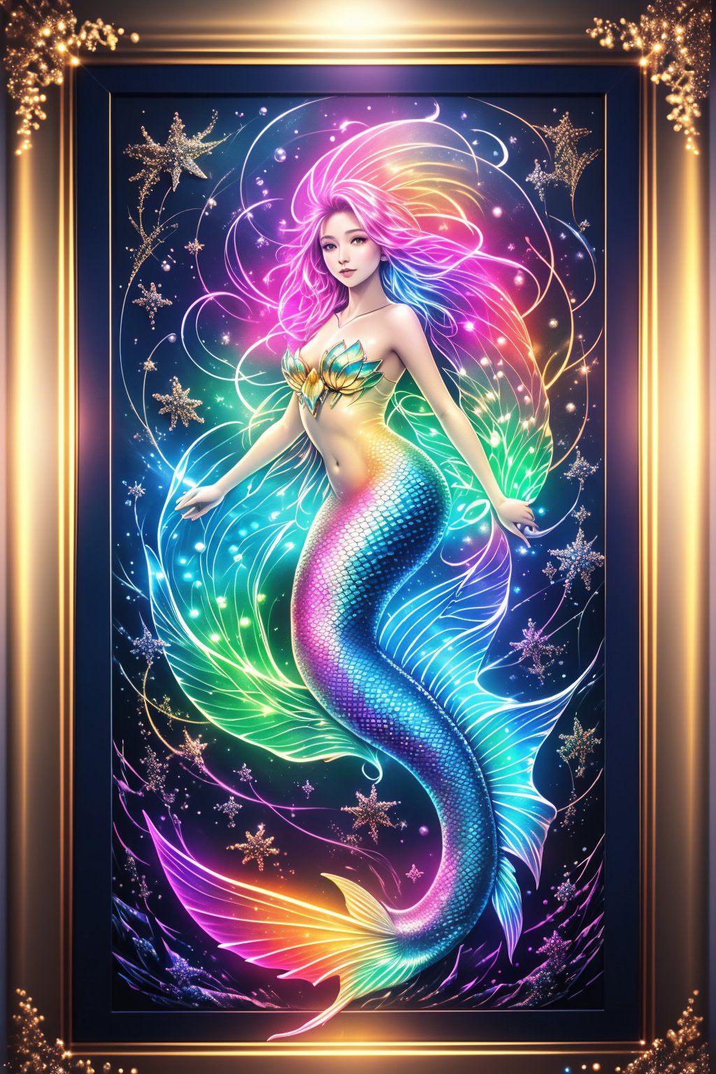 A stunning artwork featuring a beautiful mermaid with a luminous, LED line-art body, adorned with rainbow fluorescent lights. The background is an intricate ink design, with interplay of light and shadow creating depth. Glitter accents and rainbow bubbles add a magical touch. The piece is framed in a way that highlights the interplay of light, making the mermaid's form shine brilliantly. Inspired by Vadim Kass, the composition is a masterpiece of the highest quality, perfectly capturing the essence of radiant beauty and artistic brilliance.