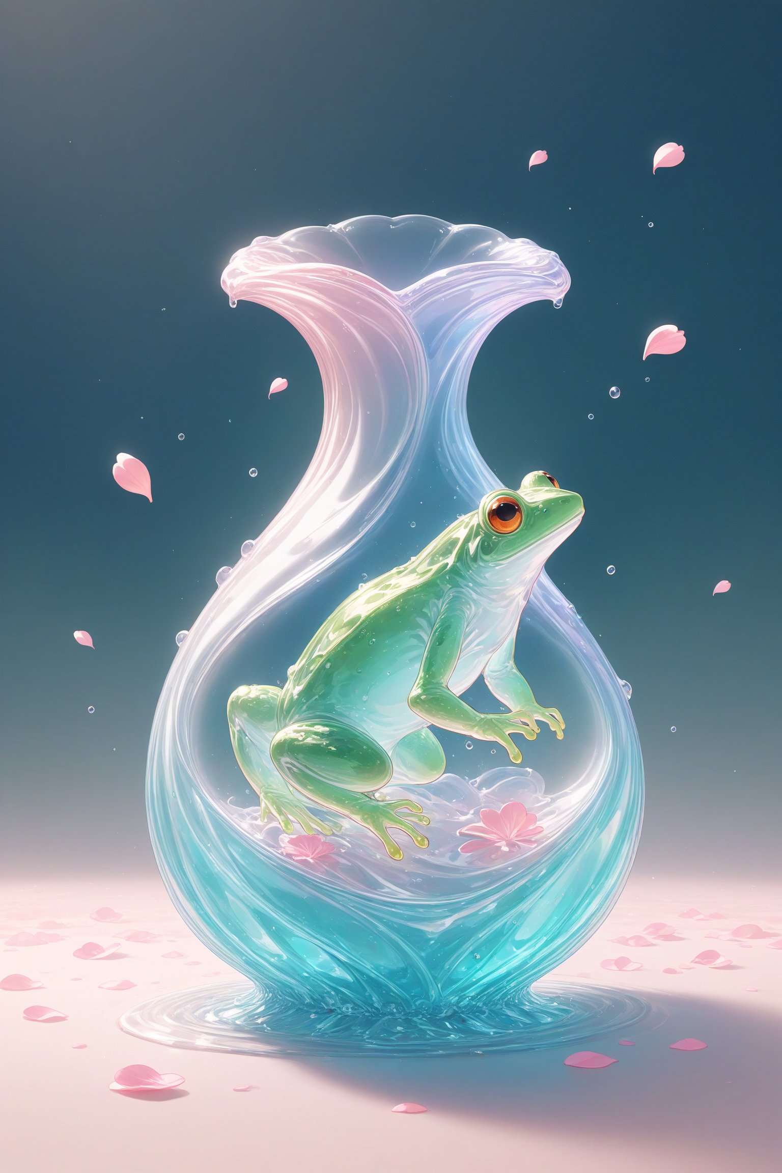 {Elegant crystal clear crystal glass frog with graceful curves and full of marbled light green and pink and orange and white liquids (clear) forming a Cinderella shape. Frog and texture. Smooth object contours and undulating dynamic motion. Pastel petals float around the vase. }