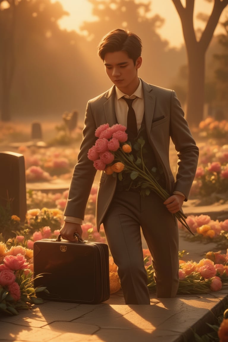 Close-up, 8k, RTX, a strikingly handsome boy, more attractive than a Korean male supermodel, tall with defined abdominal muscles. He stands in a warm, sunlit cemetery, wearing a handmade high-end suit, holding a bouquet of pink carnations in one hand and a briefcase in the other. The flowers are placed in front of a grave, with the briefcase on the ground as he kneels, expressing deep sorrow and longing for his mother. The atmosphere is warm, with light and shadow enhancing the scene, and an ethereal, angelic smile of his mother's soul in the air. Masterpiece.