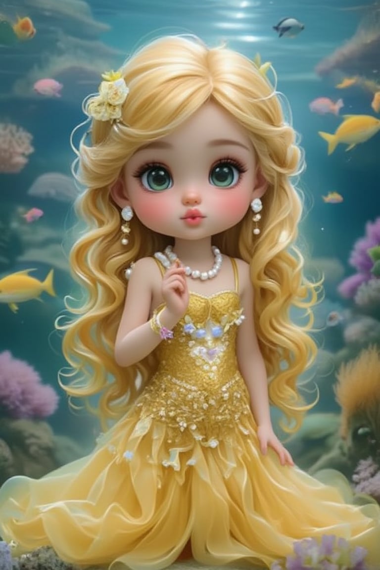 In a large seawater aquarium museum, an aquarium showcases a cute Q-version girl in a golden mermaid costume. Her beautiful golden wavy silky long hair spreads out in the water, and she slightly purses her lips, looking directly at the audience. She wears hairpins, a rainbow pearl necklace, pearl earrings, and pearl bracelets. With big smart green eyes and long eyelashes, she is very beautiful and cute. The aquarium also features other fish species and aquatic plants. The focus of the scene is her playful expression and bright colors. This stunningly beautiful artwork captures the essence of a joyful moment.