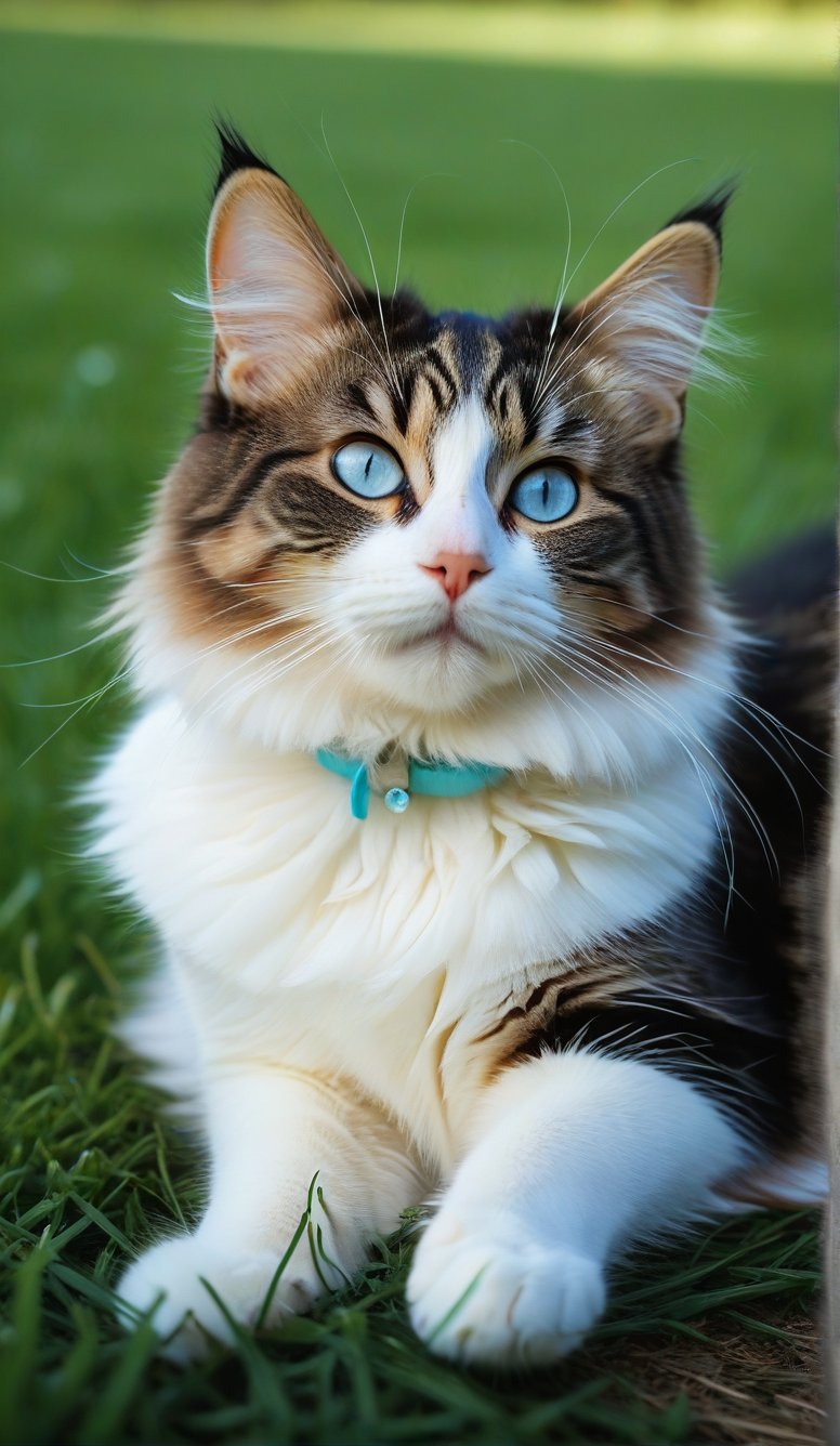 Close-up of a cute fold-eared cat with light blue eyes and long, thick eyelashes. She is a two-year-old folded cat with messy hair. Full body shot. She was lying on the grass, her belly turned upward, her eyes clear. She was holding the employee's hand, being affectionate, and said that she would go to the market another day.
This cat’s name is KM, it’s very ==========
 Looking at the audience, he looked happy. There are also perfume flowers flying all over the sky, so beautiful. High quality. Modifiers: Alphonse Mucha, boris valejo dedecent illustration, Anne Boonchuy, art_booster, BlackworkStyleManityro, WOWAI, Expressiveh, Apoloniasxmasbox
