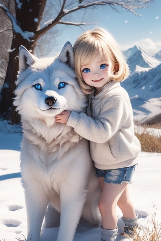 A little girl with blond hair and very fair skin. She is only 4 years old, but she grew up with a snow wolf with white fur and blue eyes. The snow wolf loves the little girl very much. He can put her to sleep and carry her on the grassland. The little girl always smiles happily. The little girl is extremely beautiful, with blue eyes, very lively, and long and thick eyelashes. To make her even more beautiful, she would often roll around on the grass with the snow wolf. The little girl wears all kinds of cute clothes. Outdoors, sunshine, mountains, trees, flowers, birds, butterflies. light and shadow. 