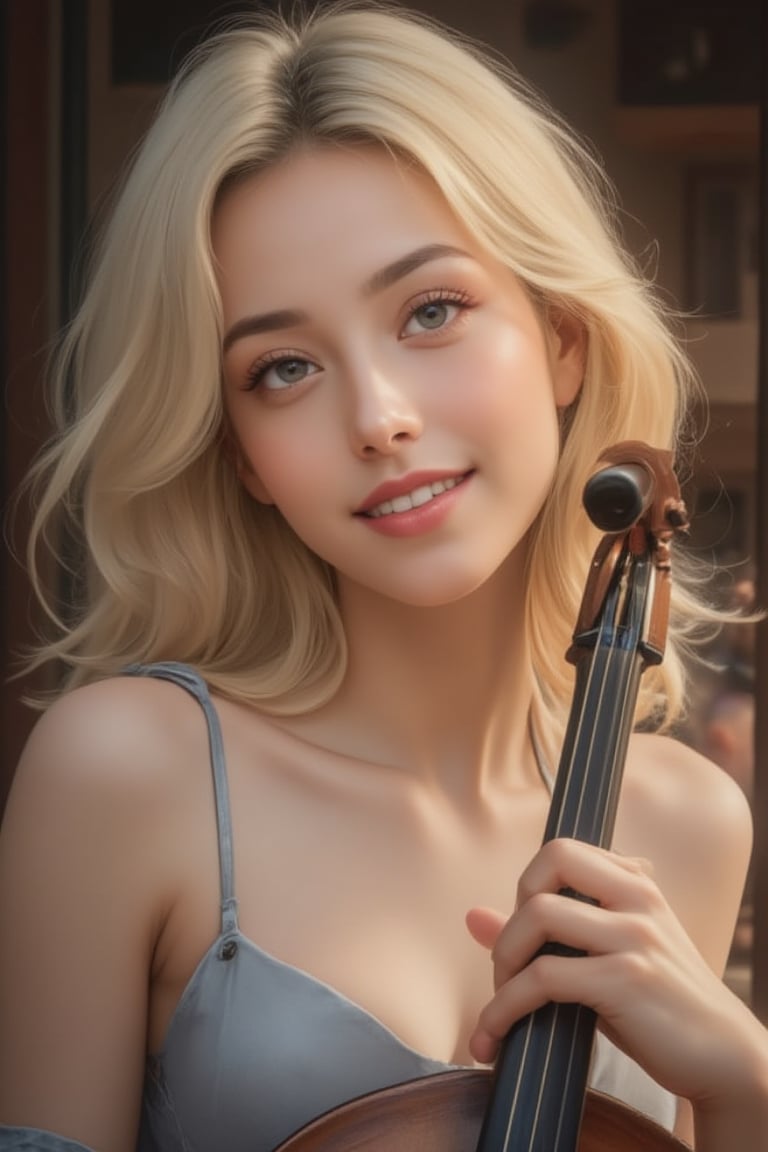 Masterpiece, high-resolution animation, ultra-high resolution rendering, a woman playing a cello, oqueltra background. Platinum blonde hair, beautiful face, angled to one side, pink lips, smiling face. Grey spaghetti strap off-shoulder dress.