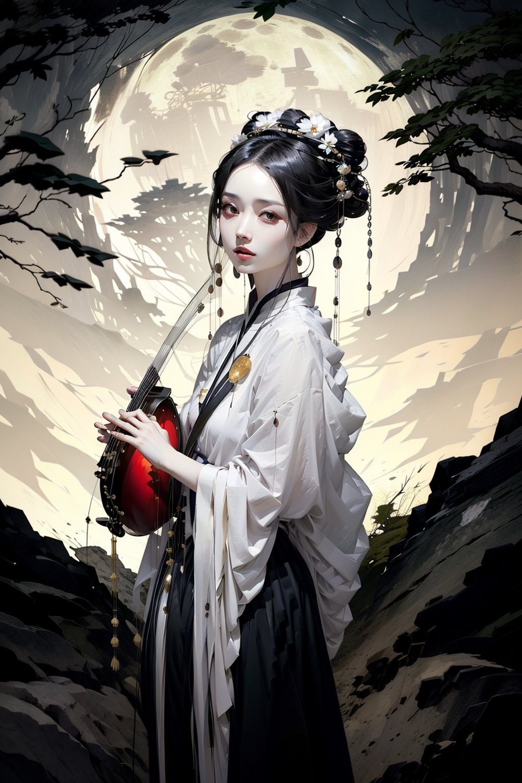 Under the ancient tree of the Han Dynasty, stood a beautiful woman with long black hair wearing Han costumes and a lily bun. Holding a pipa, a musical instrument from the Han Dynasty, she looked up at the crescent moon in the night sky with a smile, creating a mysterious atmosphere. The scene features contrasting lighting that highlights her stunning features and the peaceful expression on her face as she contemplates joy. The composition allows her to pose in cute and funny poses of joy, anger, sadness, and joy. The moon, ancient trees, ancient houses, ancient wells, ancient gardens, and ancient swings become the dramatic background. light and shadow. Ink design.,playing instrument, playing guzheng, hanfu,myhanfu