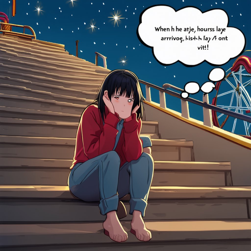 A beautiful girl sits on a staircase in an amusement park, visibly upset as her boyfriend is three hours late for their date. She has a comic-style thought bubble above her head, reading 等會兒，男友來了，要他好看！ (When he arrives, he's in for it!). The scene is illuminated by soft, dramatic lighting, highlighting her expression and the thought bubble. The background is simple, with subtle hints of park elements. Stars twinkle in the sky, adding a magical yet tense atmosphere to the composition.