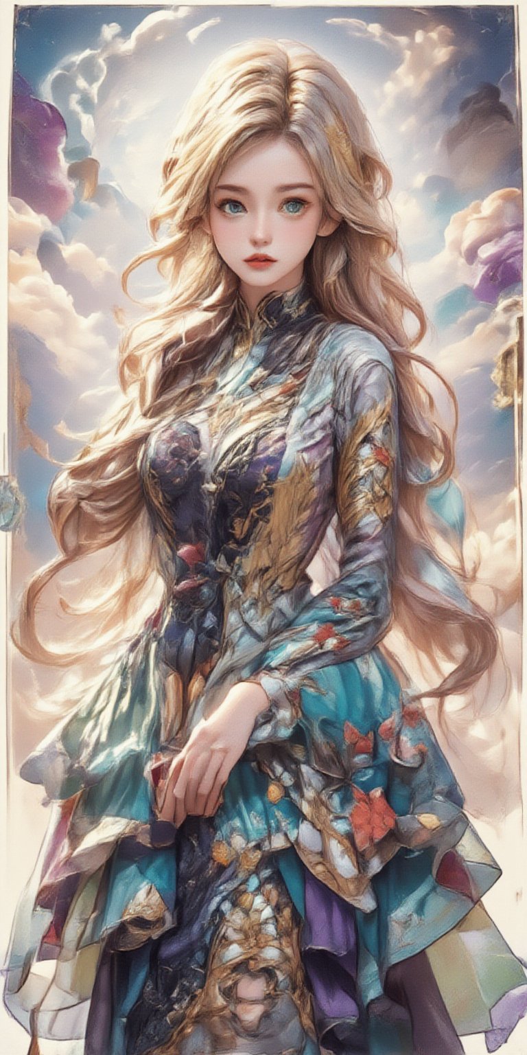 (Canvas painting, oil painting, realistic painting, full color, perfect artistic composition, perfect contrast, perfect brightness). Abstract surrealist masterpiece. A very beautiful girl with long curly hair stands among dreamy clouds, reminiscent of the elegant, pure and beautiful atmosphere in Francesca's works. The style is reminiscent of the painting styles of Flanders, Francisco Goya and Titian, Tintorett and Veronese.