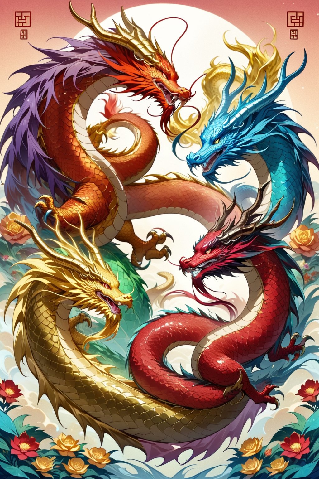 There are 5 Chinese dragons surrounded by flowers. Among these 5 dragons, one is a golden dragon, one is a bank dragon, one is a copper dragon, one is a cyan dragon, and one is a red dragon. The dragon body is like a snake. Long and curly body, beautiful image, dragon skin has scales, beautiful dragon color, dragon has horns, (elegant), traditional Chinese image aesthetics, mythical creature