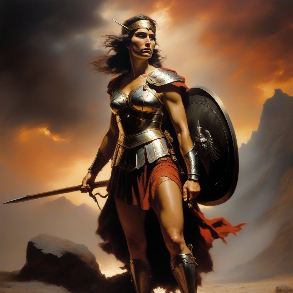 Oil painting in the style of Frank Frazetta, depicting a super sexy Queen Leonidas at Thermopylae, wounded and kneeling, clutching a broken spear with a shield resting on the ground. The stormy, fiery sky background intensifies the scene, casting dramatic shadows and highlighting her battle-worn form. Her expression is fierce yet vulnerable, capturing the essence of her struggle. The composition is dynamic, with the broken spear and shield adding to the narrative of her heroic defiance. The painting captures the raw emotion and intensity of the moment, making it a powerful and evocative portrait.