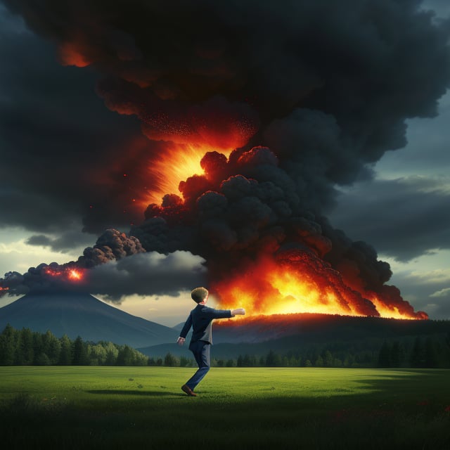 A handsome boy dancing gracefully on a lush green meadow. In the distance, the serene landscape is disrupted by a dramatic scene of an exploding mountain, with fiery bursts, dark clouds, and thick smoke billowing into the sky. The contrast between the boy's joyful movement and the ominous background creates a compelling visual narrative. The composition is framed to capture the boy's expressive dance while hinting at the distant chaos, with the lighting emphasizing the vibrant colors of the meadow against the dark, foreboding elements in the background.