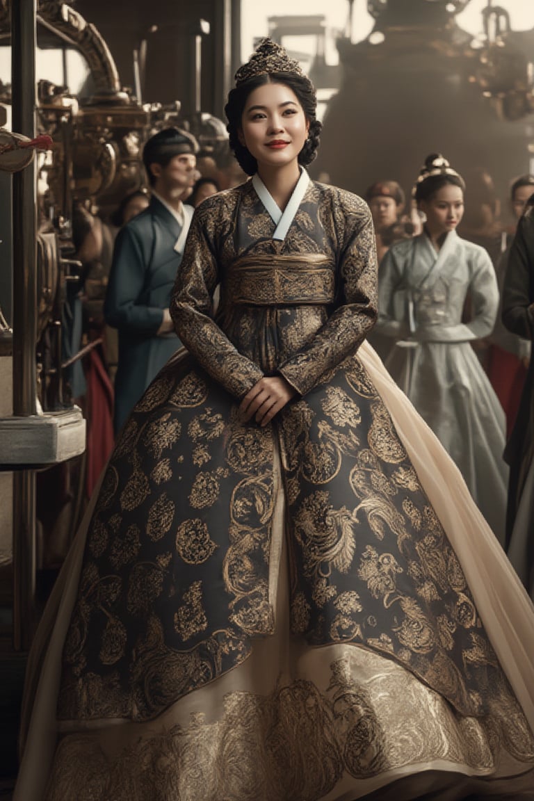 A breathtaking woman, more stunning than a Korean supermodel, in a traditional Korean hanbok adorned with intricate royal embroidery. She exudes dignified grace, followed by a group of attendants in elegant, patterned hanboks. Leading the procession, maids and concubines in traditional attire walk ahead. With a serene smile, she glances at the audience, poised to meet the Joseon king. The scene is set against a backdrop of a steampunk engine, blending historical and futuristic elements. Masterful light and shadow create a perfect, detailed work.