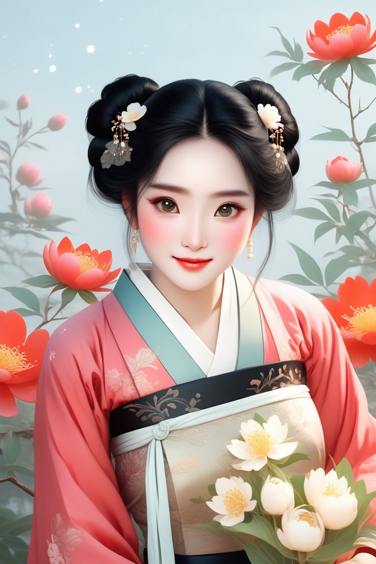 Close-up of a stunningly beautiful girl, Chinese Han Dynasty girl, with big eyes and long eyelashes that make her eyes more lively and beautiful, wearing Han Dynasty clothes and hairstyle, with stunning black hair and long She has thick eyelashes and holds a delicate bouquet of peonies on her fingers. When she looked directly at the audience, she smiled. Her whole body exuded an otherworldly light, and every contour and object on her body seemed to be illuminated by light and sparkle. In the peaceful atmosphere of a summer night, where trees stand tall, rivers flow quietly, and nocturnal creatures serenade them with their gentle chirps and croaks, our protagonist acts like a lovely beacon. In Vadimka's new style, every detail has been carefully crafted to create a realistic style that exudes elegance and wonder. (Masterpiece 1.2, 8K) Depth of field.,source_furry,score_5_up,score_6_up,score_7_up,score_8_up,score_9,han fu