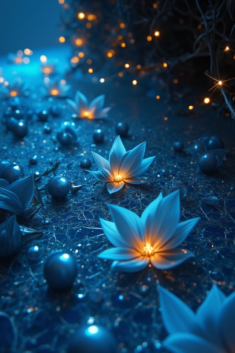 A mesmerizing close-up photograph captures a beautiful girl's shining hair adorned with a rare bioluminescent flower. The hyper-realistic, 16k resolution image showcases intricate details of the flower's sharp, bluebell-like petals attached to water droplets, reminiscent of sculptural artwork. Delicate oil and marker lines on cracked epoxy glass create a unique texture, while ultra-fine illumination enhances the drama. Perfect lighting accentuates the beauty, as if captured in an analog style print.