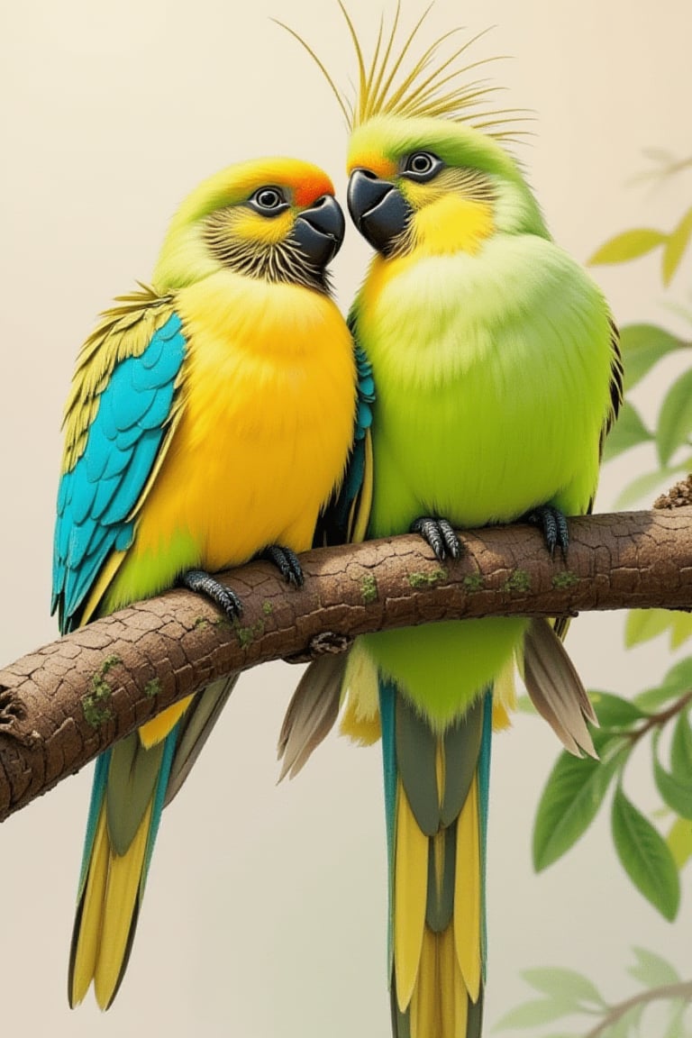 Simple background: On a branch of a tree, a young male parrot bird and a young female parrot bird engage in love movements. The male parrot rides on the back of the female, with his tail constantly moving. The little female parrot excitedly turns around and touches the young male's beak with her beak, creating a blush-inducing scene. High-quality, perfect bird body movements, super detailed, and superb photography from award-winning photography. The scene captures the natural, full-of-love behavior of nature, with light and shadow enhancing the masterpiece.