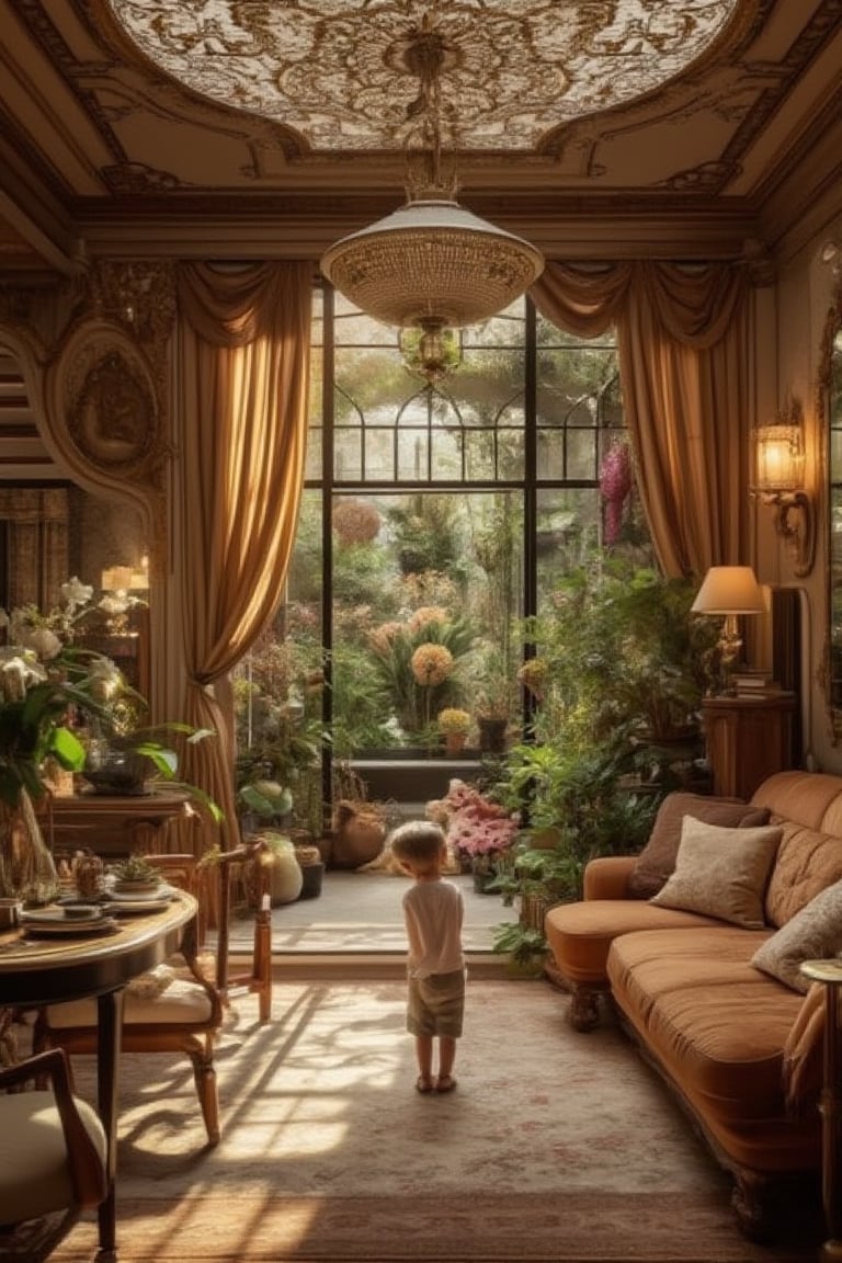 A young boy standing in a luxurious, modern indoor setting, within a grand living room. The room is filled with elegant furniture including a table, chairs, a sofa, and a bookshelf. A vase with fragrant lilies sits on the table. The room features exquisite royal silk curtains, warm lighting, and numerous antique paintings. Luxurious chandeliers and various household items are present. Potted plants and trees add to the ambiance. The living room has a warm color palette, with sunlight streaming in through windows revealing a glass conservatory filled with exotic flowers, birds, and rare plants. The interior design is a masterpiece, showcasing high-quality, modern artistry with every detail meticulously crafted.