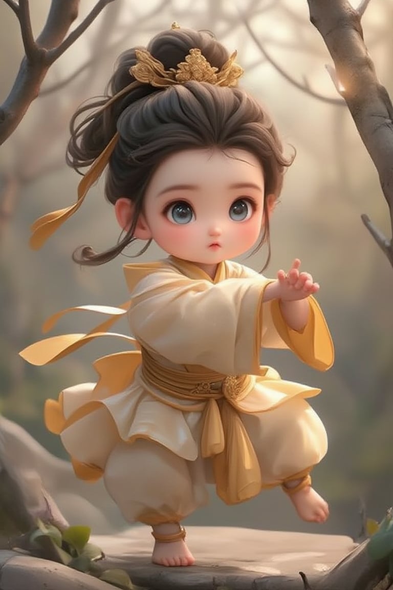 In ancient Han China, a beautiful little girl with difficulty in giving birth was taken to the Shaolin Temple to learn Kung Fu and keep fit. She wore monks' light-colored clothes and practiced Shaolin Temple Kung Fu daily, looking really cute. She sometimes practices kung fu on the tree, appearing smart and cute, with beautiful bright blue eyes and long eyelashes. Her mother is a Western official. The actions listed above appear randomly. Q version cute shape, meticulous details, super high quality, official art.