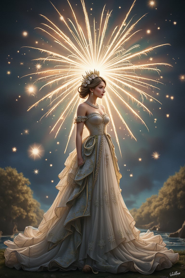 Rococo art, a woman speaking, a white bubble of water: black text (50 likes!) (Masterpiece 1.3). She is the most beautiful woman in the world, standing under the night sky filled with fireworks, creating an extremely joyful atmosphere. Light and shadow enhance the scene, making it a work of miracles.