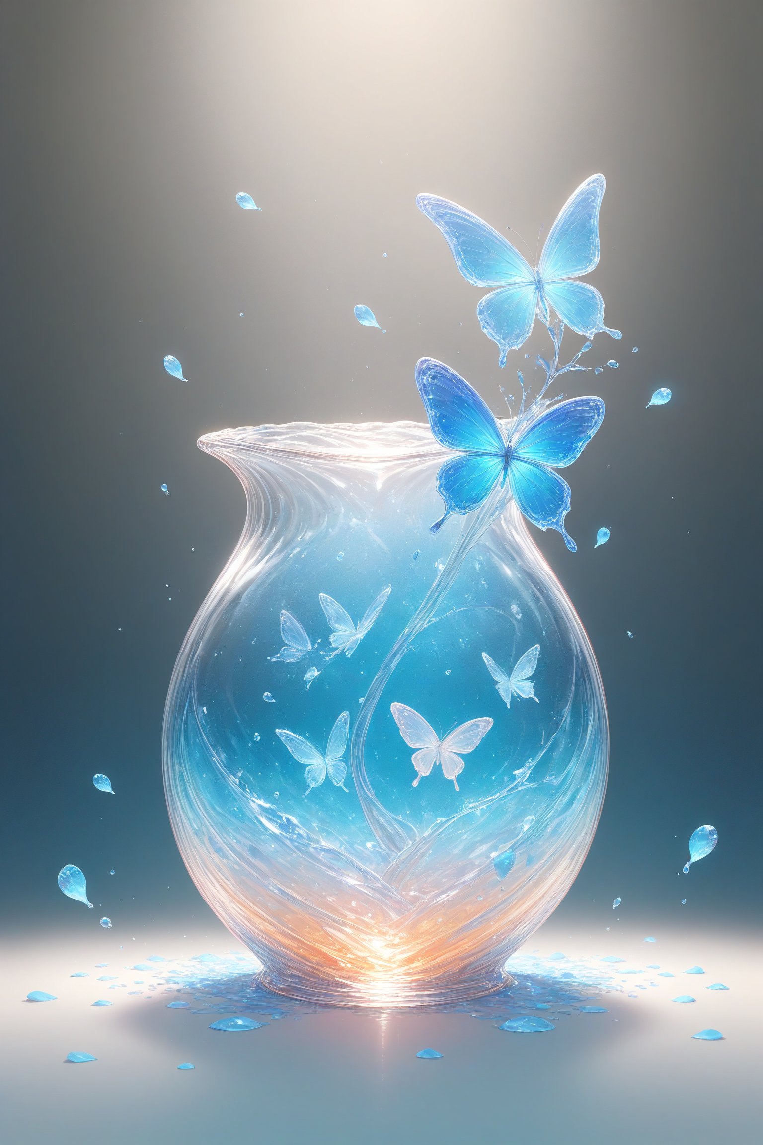 {Elegant crystal glass magnum with beautiful curves filled with marbled light orange and white and blue liquid (clear) forming the shape of a butterfly. Butterflies and textures. Smooth insect silhouettes with undulating dynamic movement. Pastel petals float around the vase. }