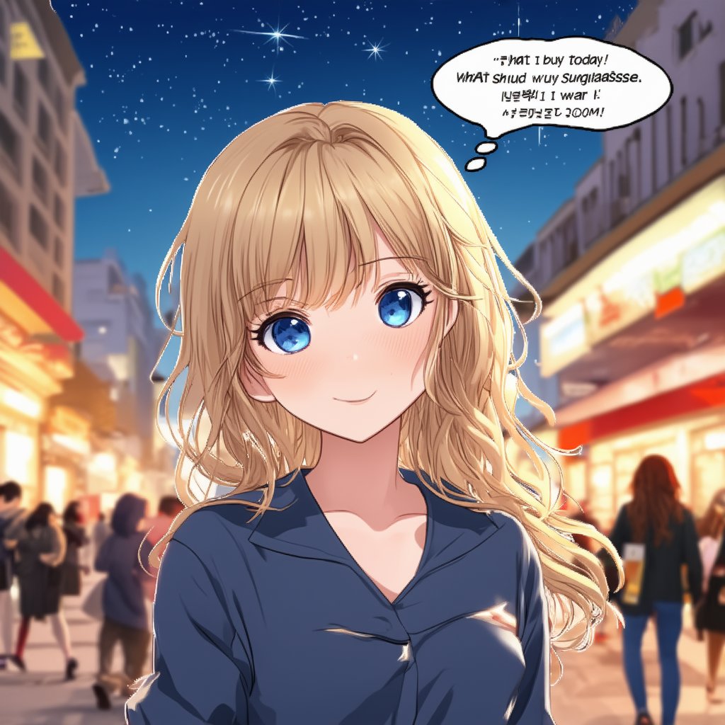 Stunning RTX, 8K HDR, a beautiful Korean female supermodel girl with big blue eyes, long thick eyelashes, beautiful long blond wavy hair, the female supermodel goes out to buy snacks, wearing casual clothes, walking On the street. As she walked, she thought: What should I buy today? There will be a comic dialogue box on this screen, and the words inside are psychological words. This is anime style. Picture perfect. Correct body structure, girl's tall figure of 175 cm. Very noticeable on the road. The girl thought again: (dialogue box) Should I wear sunglasses? Background: sky full of stars, brightly lit streets. There are many people passing by. Full of joyful atmosphere. light and shadow.
Anime style. Super masterpiece..