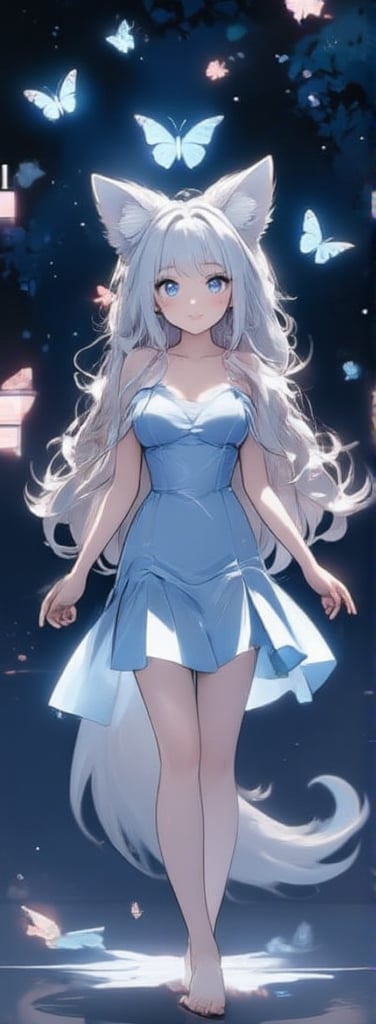 Score_9, score_8_up, score_7_up, 1girl, age 14 years old, short and cute body, solo, long hair, blush, smile, bangs, dress, big breasts, animal ears, open mouth smile, standing, tail, whole body, open Open eyes, white hair, outdoor, barefoot, stars\(symbol\), perspective, fox ears, night, ^^, fox tail, glow, facing the observer, perspective silhouette, all enhanced, the background is: the sky is glowing Butterfly. Depend on
Anne Boonchuy, art_booster, BlackworkStyleManityro, Expressiveh, Apoloniasxmasbo, anime style. Extremely detailed, light and shadow. The beauty of miracles.