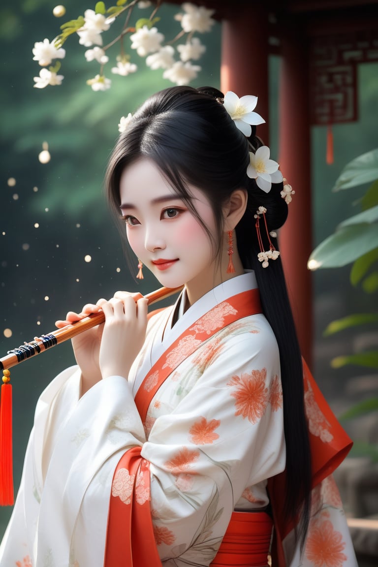 Close-up of a stunningly beautiful girl, Chinese Han Dynasty girl, with big eyes and long eyelashes that make her eyes more lively and beautiful, wearing Han Dynasty clothes and hairstyle, with stunning black hair and long Thick eyelashes, holding a delicate bouquet of jasmine flowers on her fingers. When she looked directly at the audience, she smiled. Her whole body exuded an otherworldly light, and every contour and object on her body seemed to be illuminated by light and sparkle. She couldn't help but play the musical instrument ((flute)) on the spot, which was very elegant and soft. After dancing, she took the paper umbrella and prepared to go back. In the quiet atmosphere of the summer night, the trees were tall, the river flowed quietly, and nocturnal creatures used it. Serenading them with gentle chirps and croaks, our protagonist is like a beacon of loveliness. In Vadimka's new style, every detail has been carefully crafted to create a realistic style that exudes elegance and wonder. (Masterpiece 1.2, 8K) Depth of field.,source_furry,score_5_up,score_6_up,score_7_up,score_8_up,score_9,han fu