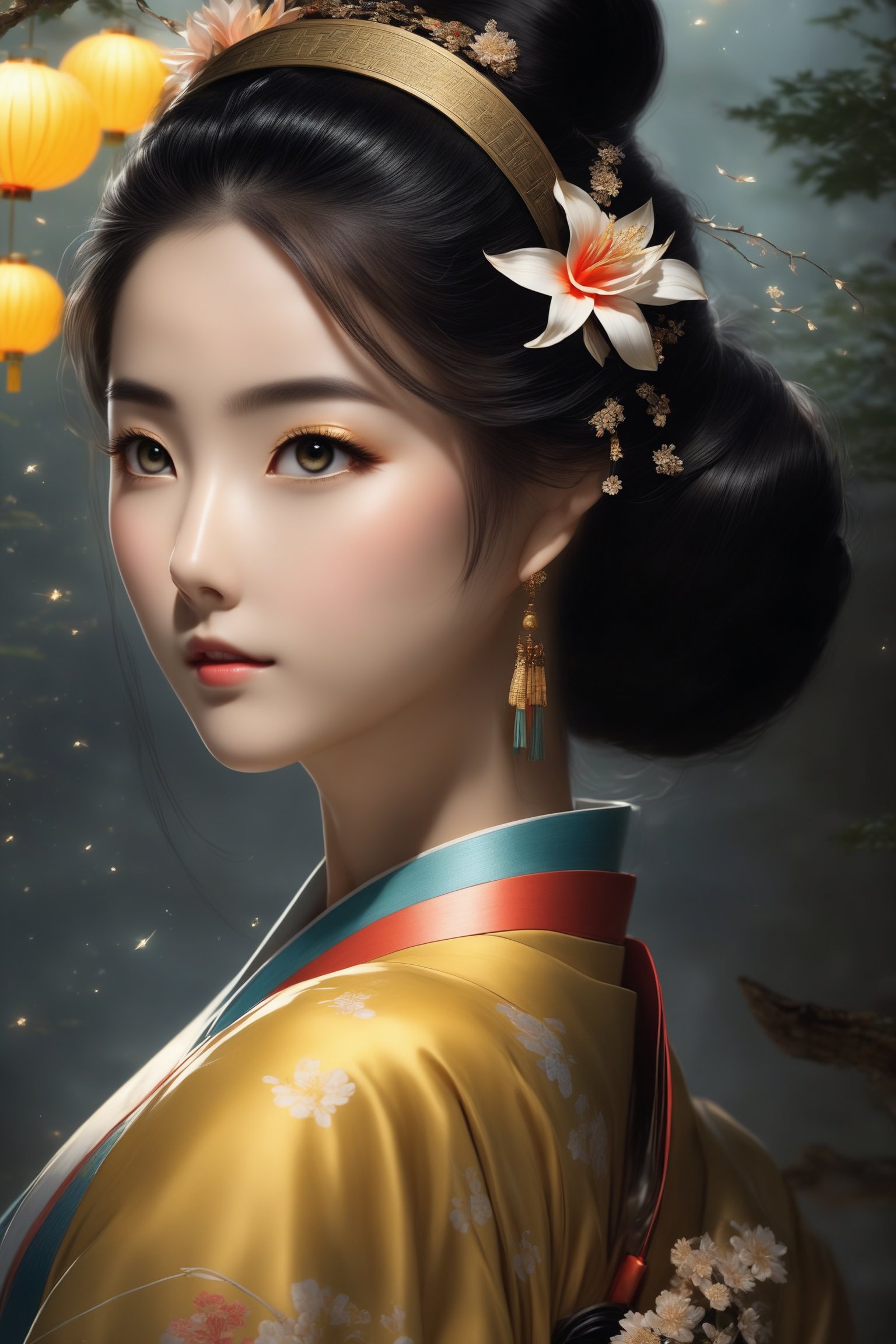 A woman with three-dimensional facial features that are more beautiful than modern Korean female supermodels. She has beautiful big black eyes and bright, long and dense eyelashes. She wears a Han Dynasty lily bun, exquisite and gorgeous hair accessories, and her whole body is very charming, but Because as a killer, her eyes have a very strong killing intent. In order to hide her identity, she sometimes wears various Hanfus worn by ancient Chinese women. Sui Feng's long, shiny black hair and clothes can be seen casually. The wind is blowing, the ultimate masterpiece. Her body proportions are also very good, which was very rare in ancient times. The ratio of head to body is 1:8. Every time she looks at the audience, the audience will be deeply attracted by her. She is very beautiful, but will also be fascinated by her. Her eyes were astonishing, her whole body was extremely detailed, she was both beautiful and possessed of unique skills. There will always be an exquisite and rare long sword on the belt around her waist (it is refined in ancient times and can break the sword and iron). She is very beautiful when she wears the beautiful ancient gorgeous and exquisite Hanfu.
Background: The vast starry sky, a bright moon, exquisite ancient buildings, ancient trees, and ancient gardens. There are many fireflies in the garden, which makes the garden more beautiful. light and shadow. Exquisitely detailed oil painting designs complement modern film effects and lighting.
