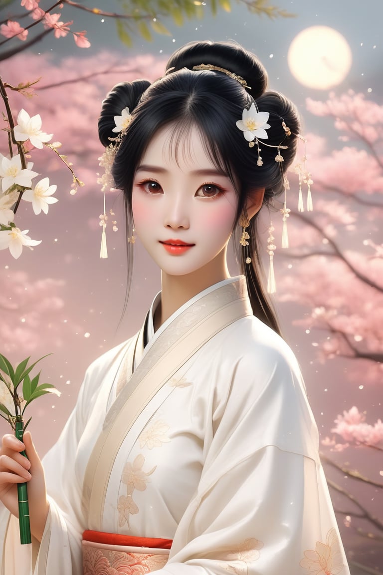 Close-up of a stunningly beautiful girl, Chinese Han Dynasty girl, with big eyes and long eyelashes that make her eyes more lively and beautiful, wearing Han Dynasty clothes and hairstyle, with stunning black hair and long Thick eyelashes, holding a delicate bouquet of jasmine flowers on her fingers. When she looked directly at the audience, she smiled. Her whole body exuded an otherworldly light, and every contour and object on her body seemed to be illuminated by light and sparkle. She couldn't help but play the musical instrument ((flute)) on the spot, which was very elegant and soft. After dancing, she took the paper umbrella and prepared to go back. In the quiet atmosphere of the summer night, the trees were tall, the river flowed quietly, and nocturnal creatures used it. Serenading them with gentle chirps and croaks, our protagonist is like a beacon of loveliness. In Vadimka's new style, every detail has been carefully crafted to create a realistic style that exudes elegance and wonder. (Masterpiece 1.2, 8K) Depth of field.,source_furry,score_5_up,score_6_up,score_7_up,score_8_up,score_9,han fu