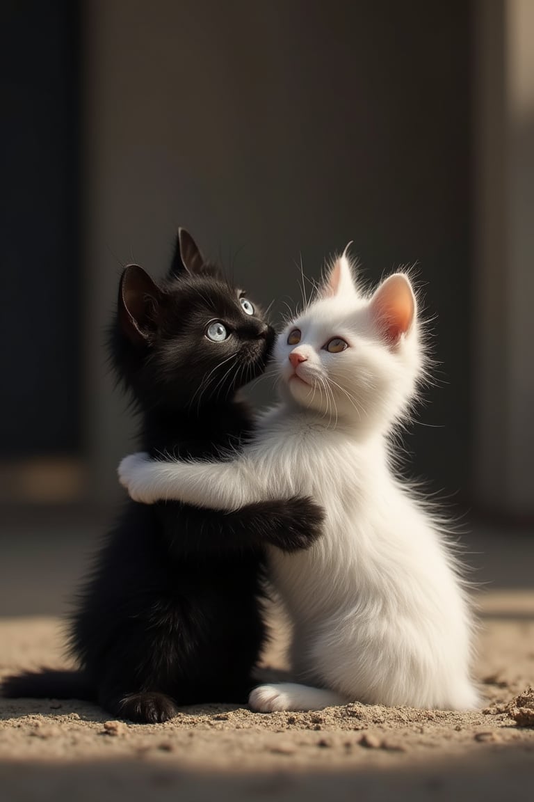 Funny animals, midway style, photorealism, cinematic style, high fidelity, realism, chiaroscuro, light play, light. A little black cat and a little white cat hug each other and play on the ground. Super love.