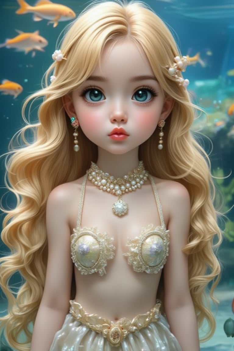 In a large seawater aquarium museum, an aquarium showcases a cute Q-version girl as a real golden mermaid, using shells to cover key parts of her chest. Her beautiful golden wavy silky long hair spreads out in the water, and she slightly purses her lips, looking directly at the audience. She wears hairpins, a rainbow pearl necklace, pearl earrings, and pearl bracelets. With big smart green eyes and long eyelashes, she is very beautiful and cute. The aquarium also features other fish species and aquatic plants. The focus of the scene is her playful expression and bright colors. This stunningly beautiful artwork captures the essence of a joyful moment.