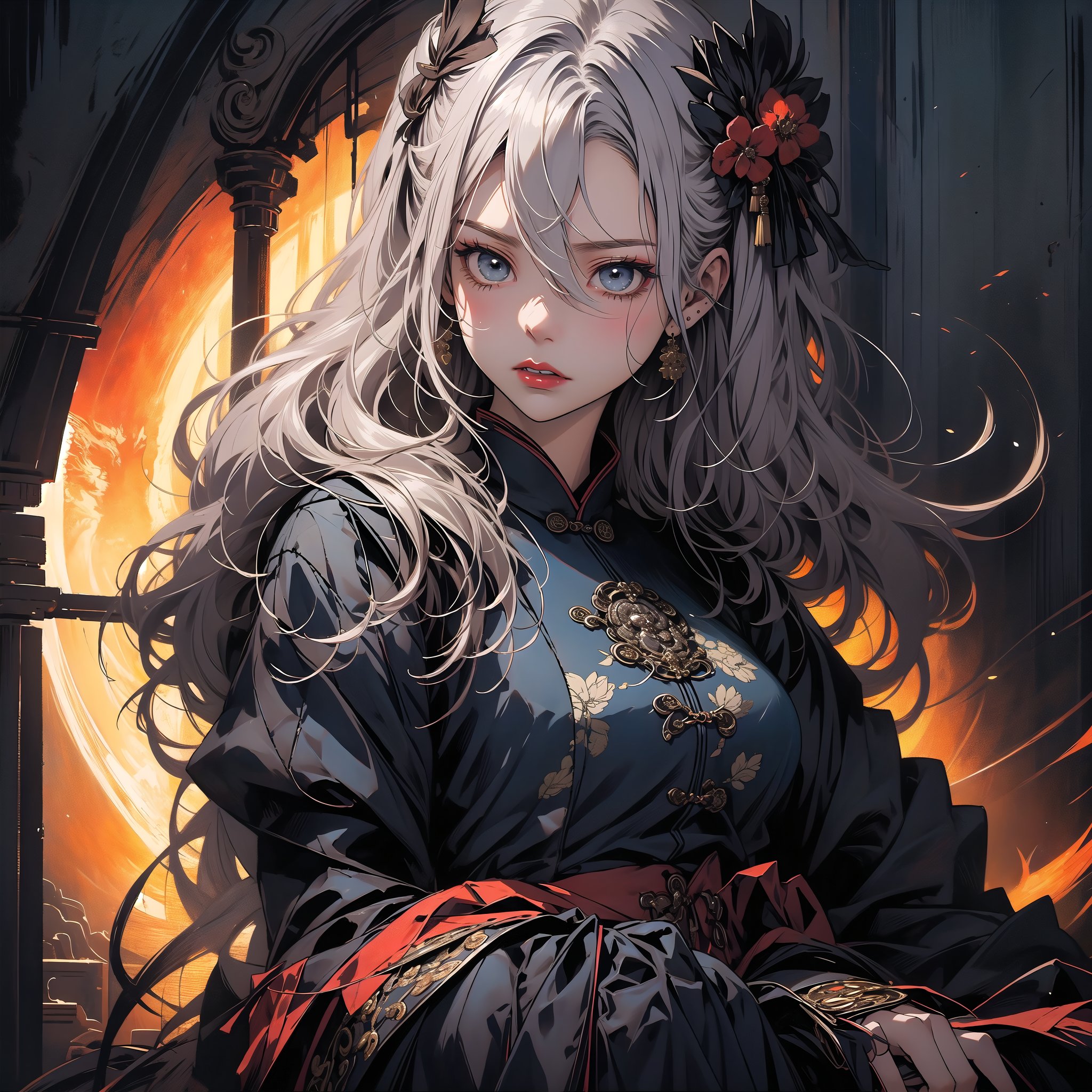 (super perfect quality masterpiece and detailed details), beautiful black plot, complex, extremely high clear resolution, complex lines, (exquisite drawing), 1girl photo of beautiful ancient Chinese girl wearing black clothes holding a sword Long wavy silver hair, hair shining in the moonlight, long sword, weapon, black mask, duet, underwear, big blue eyes, long and thick eyelashes, Han Dynasty general style clothing, print, medium breasts, looking straight The audience's eyes showed a fierce and intense emotion. The audience felt the atmosphere strongly. Ponytails, hair accessories, flowers, and blood splashed into several fox lines, perfect killing skills, the enemy fell, and the throat was sealed with a knife, super delicate and clear, perfect illustration,
BREAK Beautiful lighting, beautiful glow, Vadim Kass’ artistic style plus Jae Hyun Art. light and shadow.whole body.