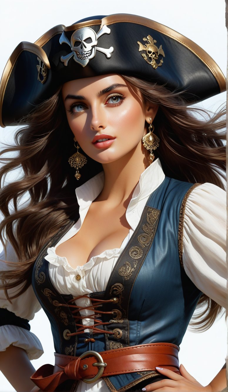 Close-up, young girl, gray-blue eyes, long thick eyelashes, she looks like an 18-year-old Penelope Cruz, wearing pirate clothes from The Legend of the Devil, long legs, standing, dancing, Very dynamic rhythm. Wearing your own clothes is amazing. Modifiers: Alphonse Mucha, boris valejo dedecent illustration, Anne Boonchuy, art_booster, BlackworkStyleManityro, WOWAI, Expressiveh, Apoloniasxmasbox