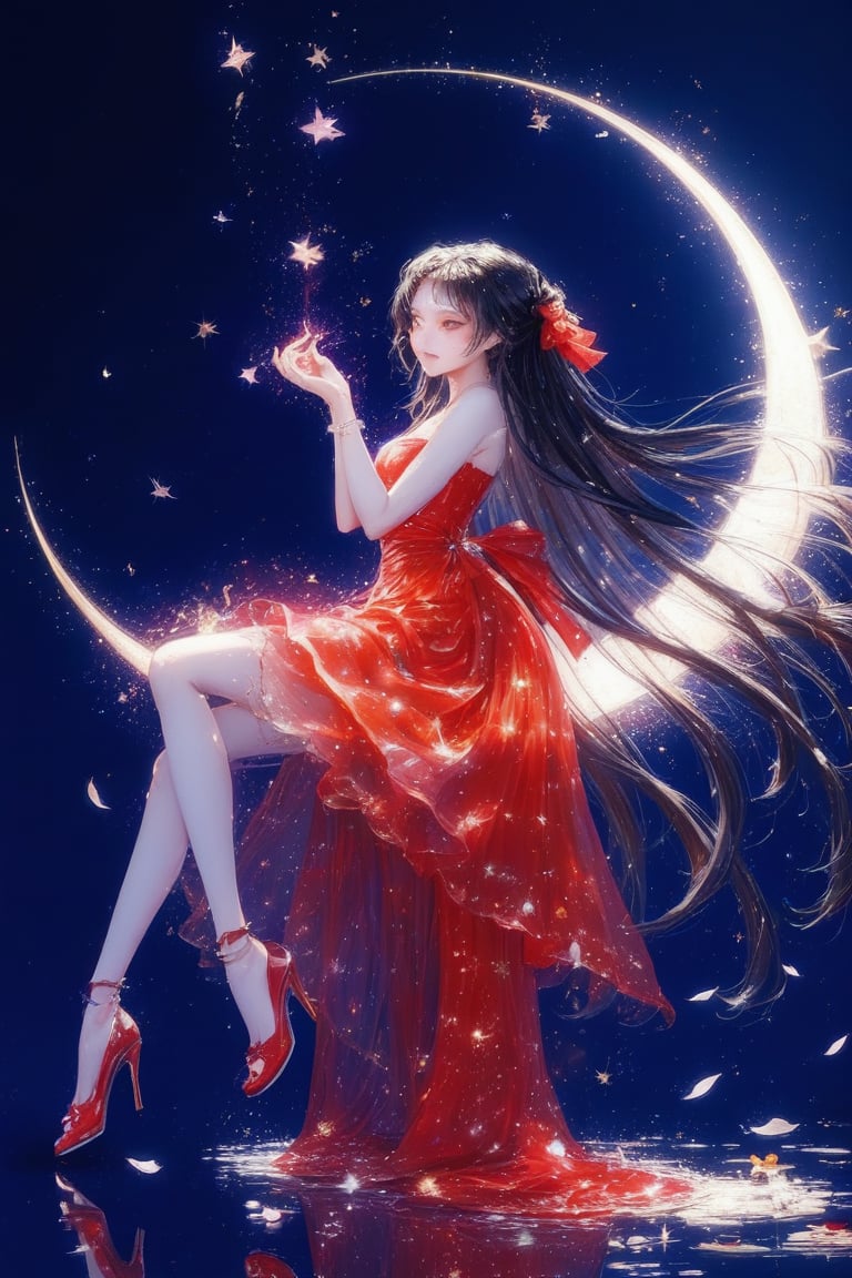 1girl, solo, long hair, black hair, dress, bow, bare shoulders, jewelry, sitting, very long hair, full body, closed eyes, hair bow, earrings, star \(symbol\), red bow, high heels, from side, sparkle, strapless, profile, moon, red dress, crescent, red footwear, strapless dress, half updo, stairs, backless dress, crescent moon,Anime Style.