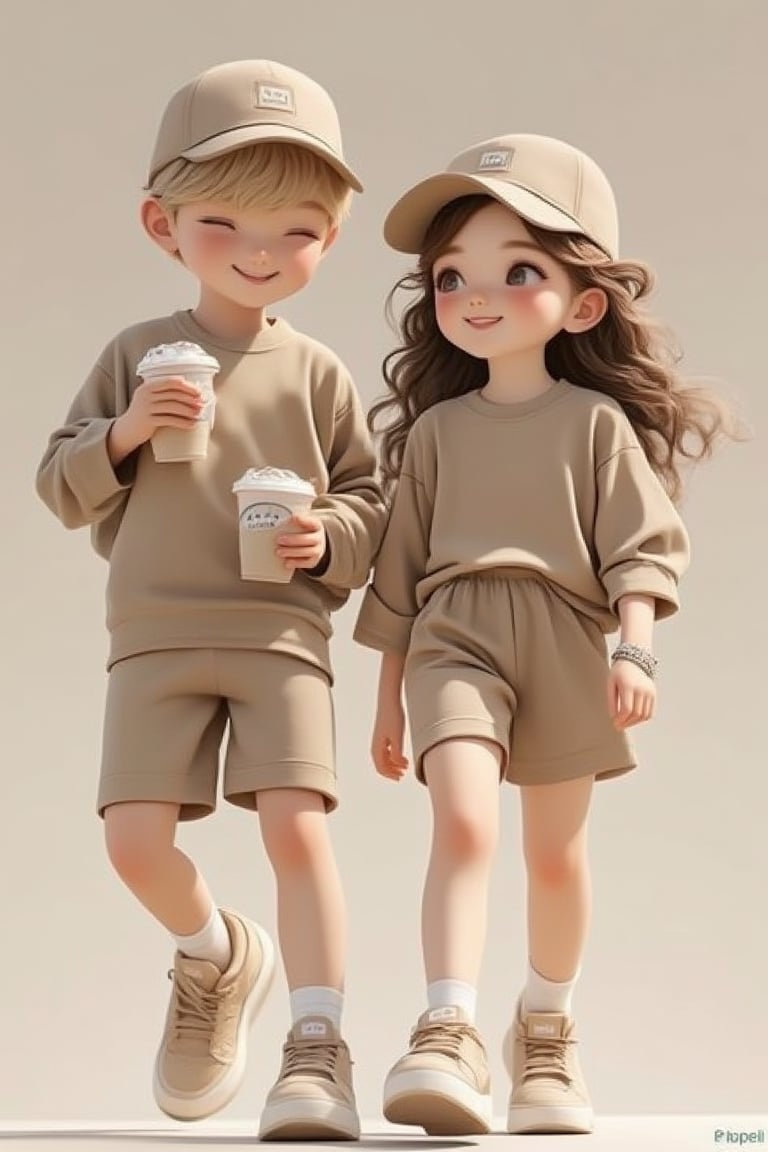 A sunny day, a handsome blonde boy and a beautiful brunette girl, both wearing khaki-colored matching sportswear sets, caps, and sneakers. The boy holds two pearl milk teas, walking and laughing with the girl. Simple background, jewelry, watches, and a noticeable height difference between them. Soft natural lighting, mid-shot framing capturing their joyful expressions and casual attire.