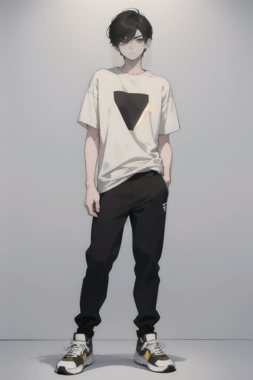 A young boy changed his face into a cartoon square shape and made his face look good. Face the camera from the front, with thick eyebrows, slender eyes (eyelashes are very long and dense), and healthy wheat-colored skin. The body proportion is 1:8, the clothes are changed to a white T-shirt, camouflage trousers, and basketball sneakers. He is 183 cm tall and weighs 75 kg. He has strong light and shadow. The background is light and space.

