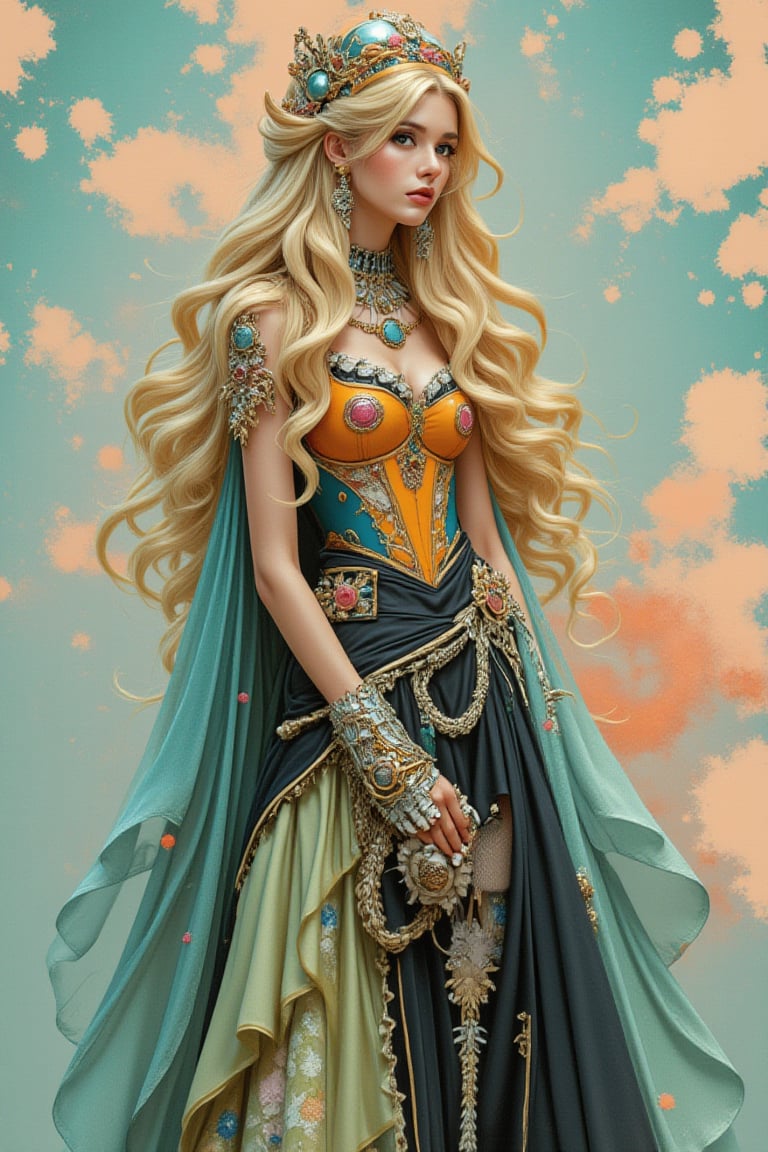 A beautiful acrylic model depicts a very beautiful woman with long wavy yellow hair, dressed as a romantic queen of love, blending the elegance of an empress with steampunk and cybernetic elements. She wears a striking black dress with an orange corset to highlight her waistline, and a light green skirt to add a playful touch. The costume features steampunk accessories—gears, goggles, and metallic details—combined with cybernetic enhancements to give her a futuristic edge. The background uses a light blue gradient color and light pink and light yellow complementary color textures to create a vibrant and dynamic atmosphere, highlighting her domineering power.