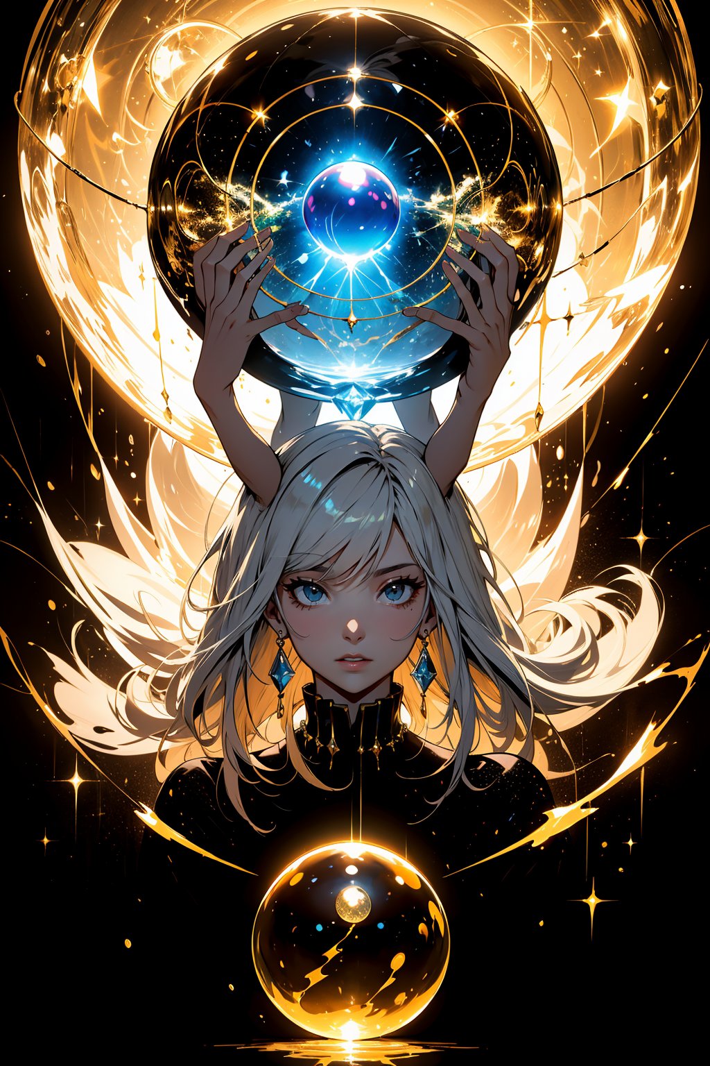 ((Masterpiece; Light and Shadow)), ultra-detailed, dramatic lighting, intricate details, female life fortune teller, (fortune teller), full body, golden eyelashes long and dense, super delicate, holding a rainbow luminous crystal ball, (Sphere approximately 20 cm in diameter), (rainbow-colored luminous crystal ball), cleavage, shiny long hair as golden as silk, hair flying due to the lightning rays emitted by the crystal ball, holding the crystal ball, chaotic reflection of the utopian scene , perfect eyes, twinkling light, central subject, detailed face, detailed eyes, crystal ball light, light and shadow
,niji,high detail