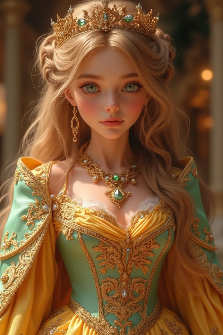 A banquet where the royal family invites famous nobles is also a celebration for a small company that has just come of age. The little princess is charming, beautiful, and kind, with long golden waves of silky fine hair that glows brightly. Her three-dimensional, perfectly proportioned facial features include green, smart eyes with long eyelashes, making her features even more delicate. She wears a luxurious, beautiful light green and light yellow princess dress with golden royal patterns, many layers, and wavy designs. The beautiful colors include silver, pink, and blue skirts with golden royal patterns, crowns, necklaces, hands, and rings. Her hair ornaments and clothes are covered with jewels and stones, making her whole body sparkle. Despite being almost a jewel, the girl remains very beautiful, a masterpiece of rococo art.