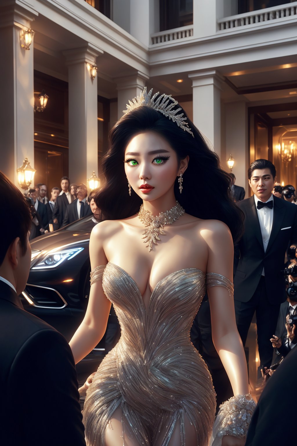 Envision a striking scene featuring a strikingly handsome tycoon stepping out of a luxurious, elongated Lincoln car to greet his stunning girlfriend, who is even more beautiful than the Korean star Kim Tae-hee. She possesses mesmerizing green eyes, long and thick lashes, and a perfect 1:8 head-to-body ratio, towering and exuding sensuality in her attire. The lighting is meticulously crafted to highlight the three-dimensional, ethereal beauty of both characters. The tycoon chivalrously takes her hand, preparing to escort her into the grand vehicle, as onlookers, mistaking them for A-list celebrities, shower them with attention and camera flashes. The background is bustling with a crowd of journalists and bystanders gathered outside a prestigious hotel, all eyes fixed on the glamorous couple. The composition is a masterful blend of high drama and exquisite aesthetics, capturing a moment of grand entrance and public spectacle.