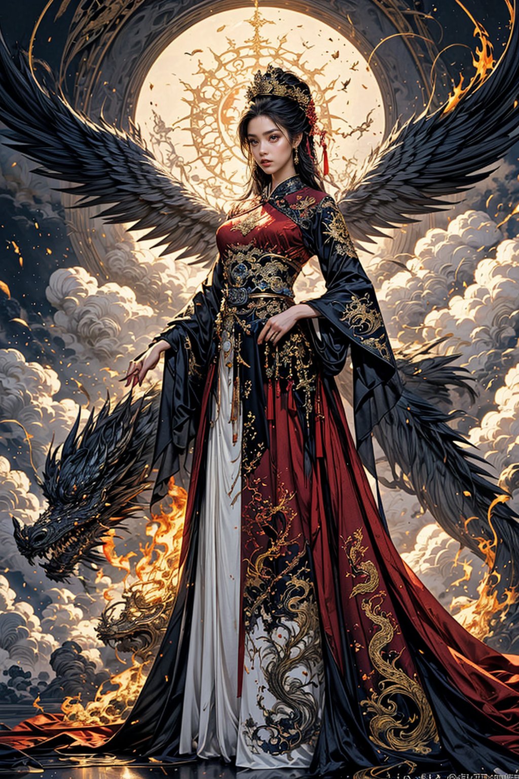 Full body shot of a character standing in majestic pose, hyper realistic representation of a fantasy chinese empress with the most sumptuous wedding hanfu dress made of black and (red:1.8) silk and richly embroidered with gold and silver threads, (wide sleeves:1.2), intricately carved golden badges and tassels, golden line, dark gothic cathedral background, fire and flame and clouds of smoke. Art by Yoshitaka Amano, Zhong Fenghua, stunning interpretive visual, gothic regal, colorful, realistic eyes, dreamy magical atmosphere, (film grain), (warm hue, warm tone), cinematic light, side lightings,zhongfenghua,horror (theme),dragon_aodai_nam,Angel,,<lora:659111690174031528:1.0>