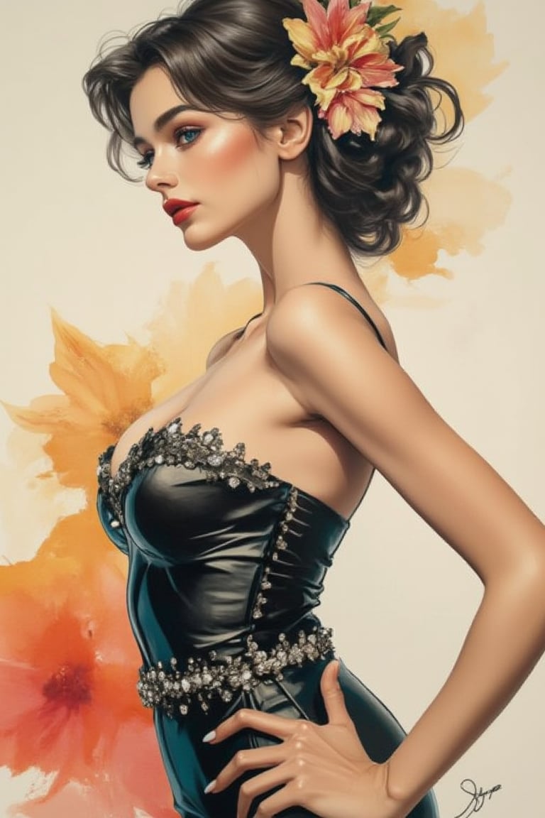 A beautiful European beauty with a tall, sexy, and well-proportioned figure, dressed in fashionable clothes for a high-end cocktail party, exuding luxury and elegance with an aristocratic feel inspired by the most popular Paris and Italian fashions. The artwork features a detailed, realistic depiction in watercolor and gouache, showcasing a lifelike quality and masterpiece status. The 128K resolution captures colored light wavelengths, attractive reflections, and a fine gouache sketch of her full body on display. The modern art style highlights the beauty's allure and sophistication.