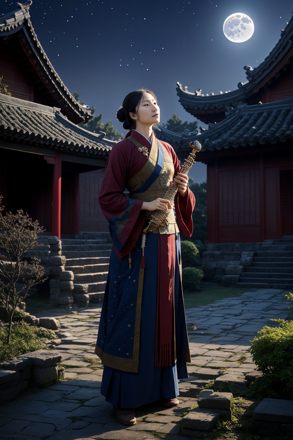 A beautiful ancient Chinese woman stands in front of an ancient Han dynasty house, holding an ancient musical instrument. She gazes upward at a sky filled with stars, lost in thought. Her beautiful face is softly illuminated by moonlight, enhancing her serene expression. The scene is framed with a focus on her contemplative pose and the ancient setting, under a clear night sky with a gentle, ambient light.