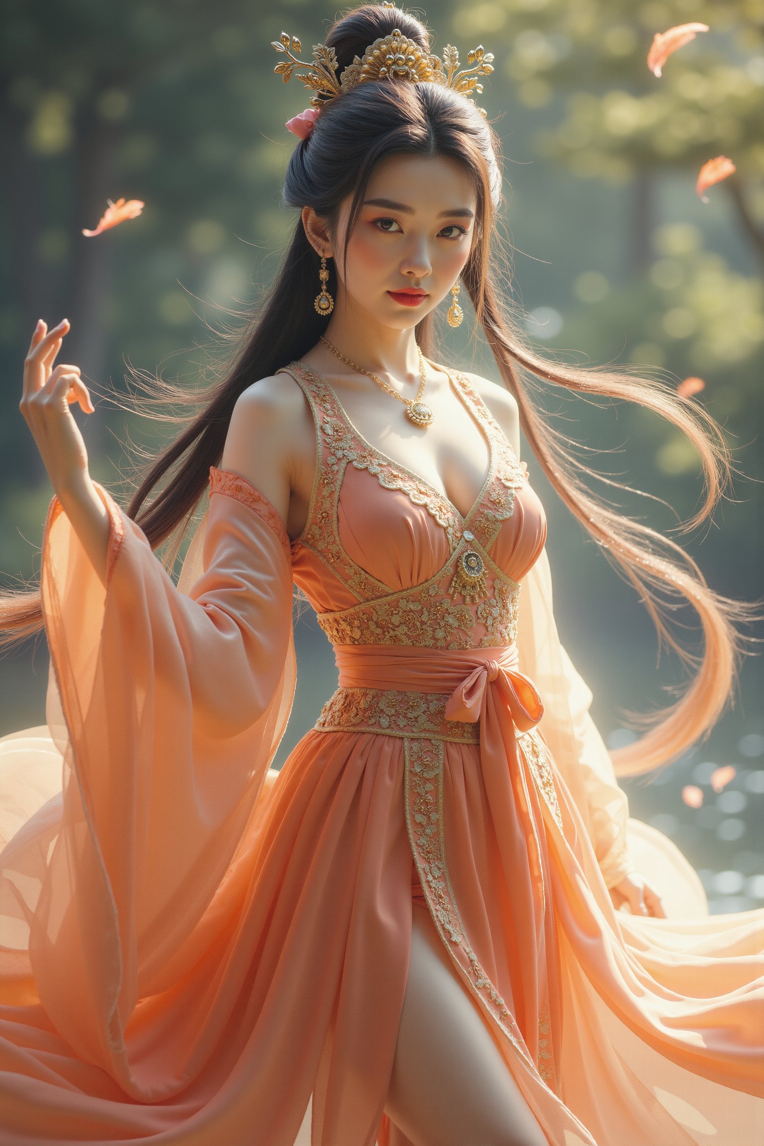 1girl, imagine an ancient Chinese goddess: the goddess Nuwa, wearing a gorgeous and beautiful Han Dynasty dress, and there is a fairy ribbon on her hand. The Hanfu all over her body floats naturally like a magic spell with fairy energy. The clothes she wore were not earthly clothes. They were made of heavenly materials and could not be found on earth. She used magic to make herself levitate in the air. She is very beautiful, even more beautiful than the angels in the West. She is an ancient Chinese goddess. Her face is very beautiful, and even the current Korean supermodels cannot compare to her. The clothes are decorated with intricate Chinese Hunan embroidery, floating gracefully in the air. She looks directly at the viewer with a beautiful smile that makes those who see her feel happy about her. Her clothes exude divine grace and power, and the rich colors and luxurious fabrics symbolize her divine status. As she travels through the void of space, the goddess embodies the timeless beauty and wisdom of the natural world, inspiring awe and reverence in all who see her. Super masterpiece.,wonder beauty